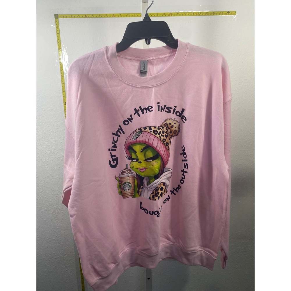 Gildan Pink Grinchy On The Inside Boujee On Outside Graphic Sweatshirt Large